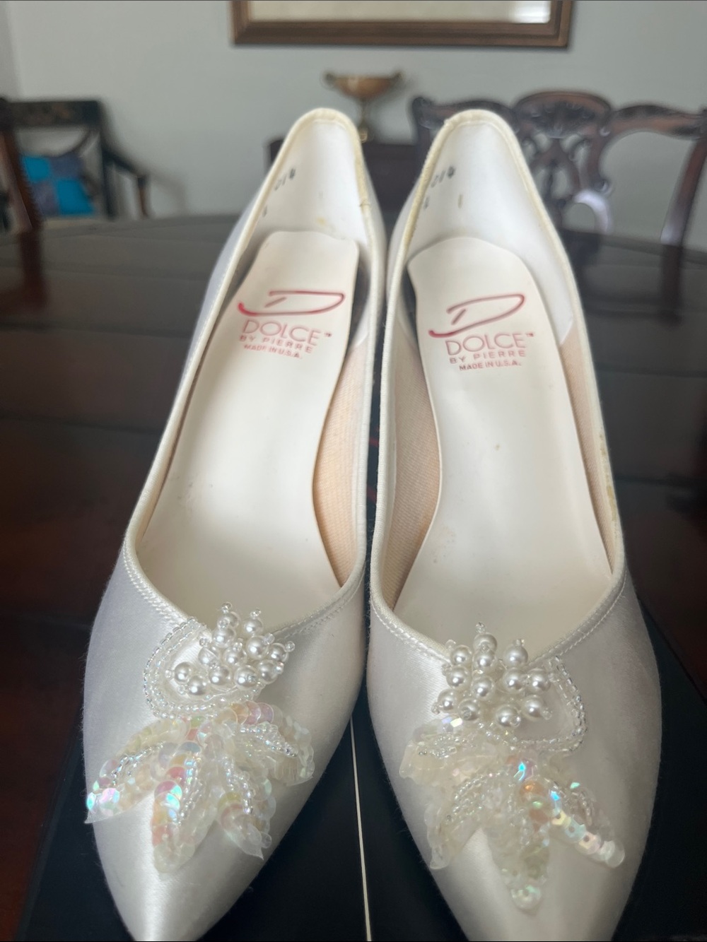 Dolce Ivory Satin Pointed-Toe Heels with Pearl & Sequin Floral Detail